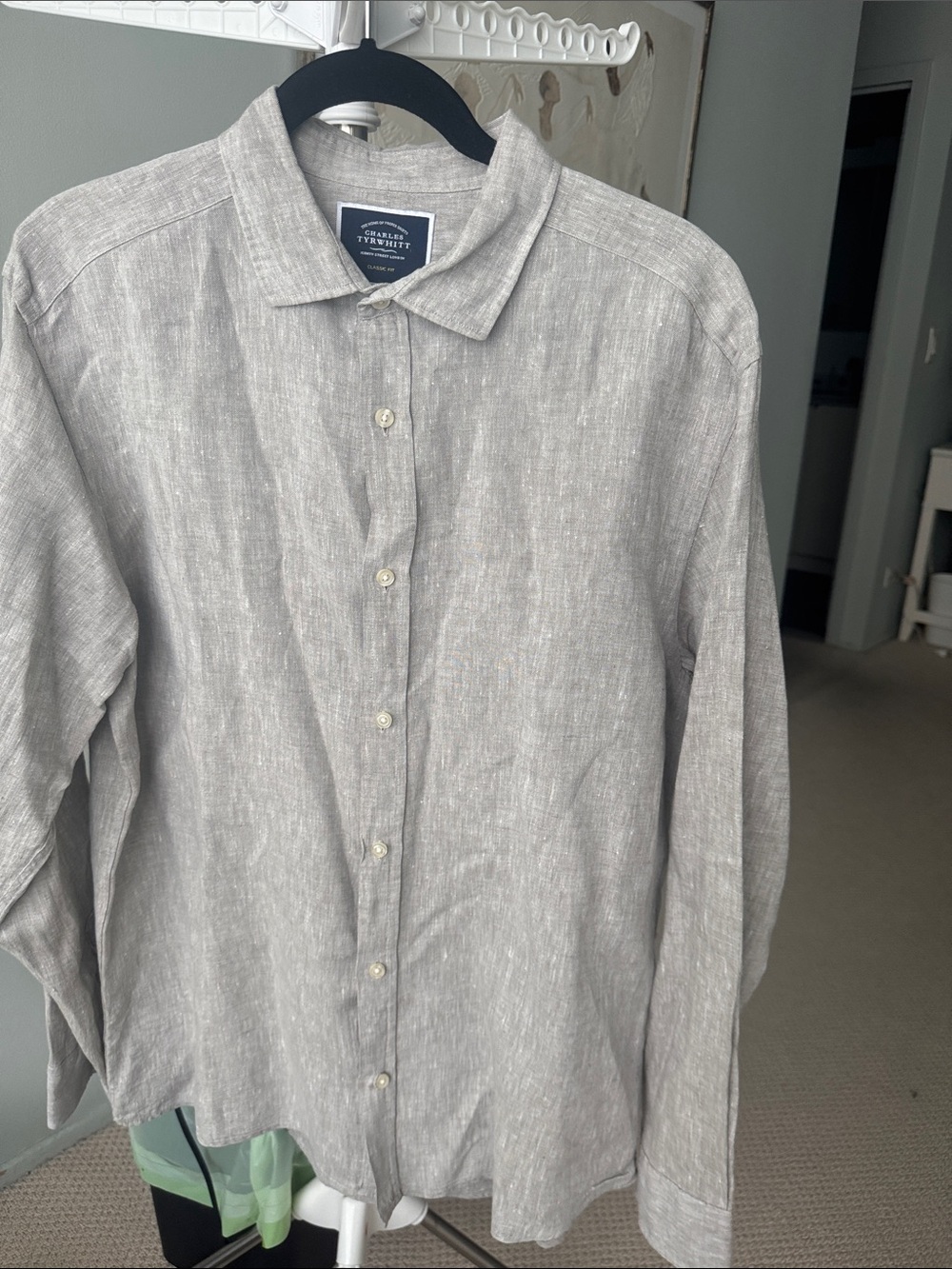 Charles Tyrwhitt Light Grey/Brown Linen Button-Down Shirt